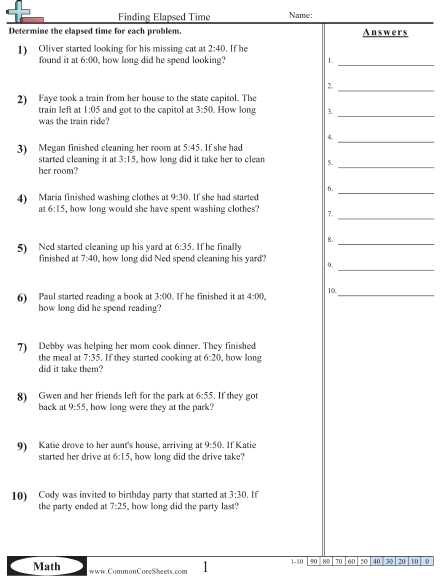3.md.1 Worksheets - Finding Elapsed Time  worksheet